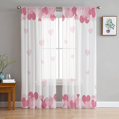 Juego de 2 paneles de cortinas transparentes para el día de San Valentín, color blanco, con bolsillo para barra de gasa semitransparente, color