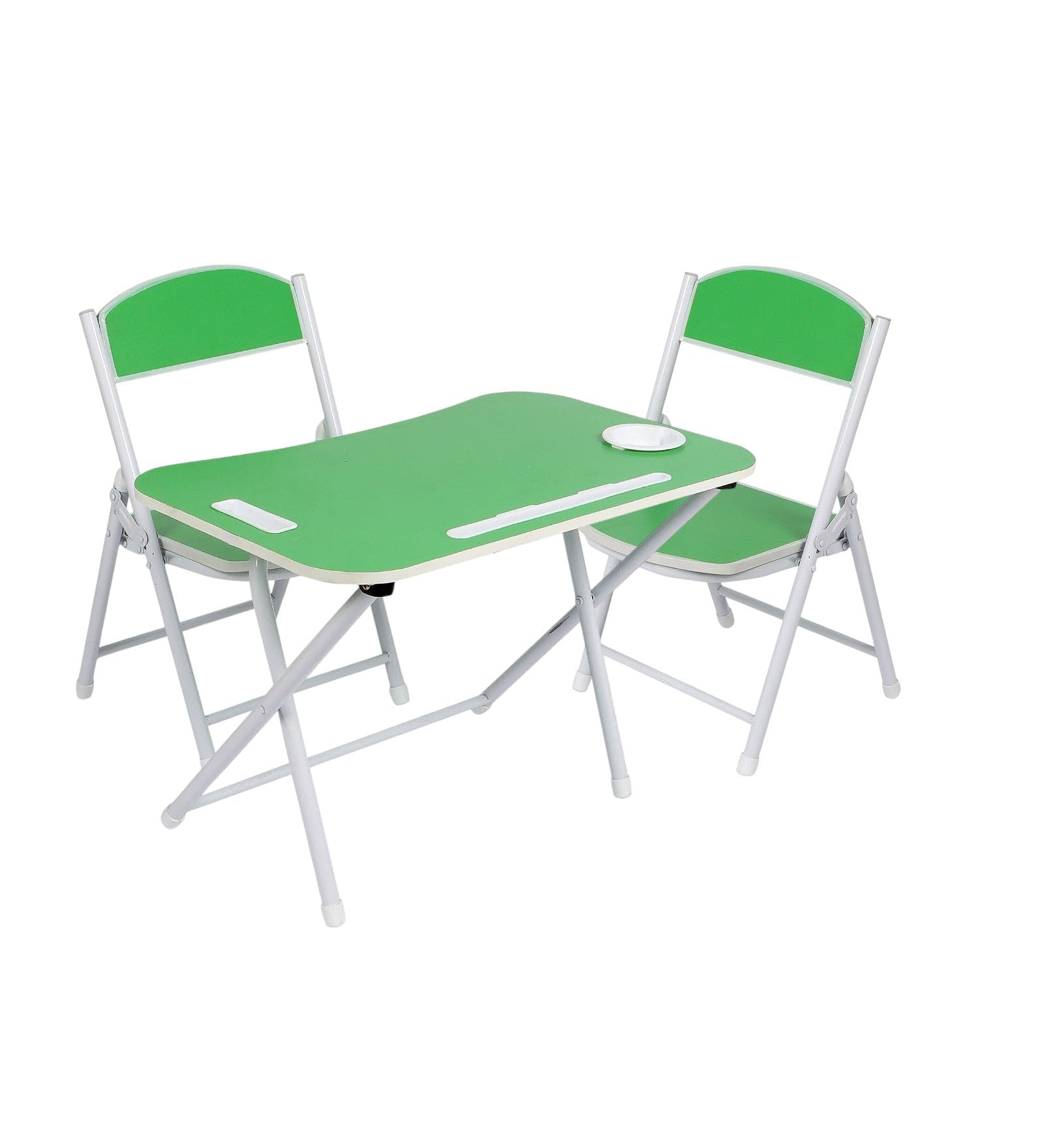 Kids Foldable Table and Chair Set (2-5 Years) - 1 Table + 2 Chairs, MDF with Metal Frame, Made in India, Table: 59L X 39W X 44H Cm; Chair: 28L X 28W X 54H Cm, Age 2-5 Years, Green