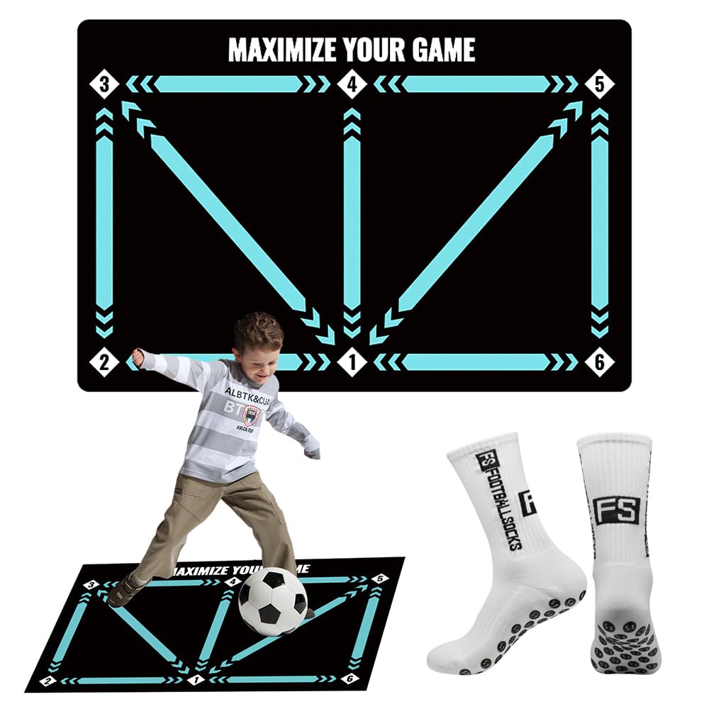 Hojalis Football Footstep Training Mat with Anti Slip Socks, Non-Slip Shock Soccer Mastery Mats, Football Skills Mat, Soccer Trainer Dribble Silent Auxiliary Props for Kids Adults (Black)