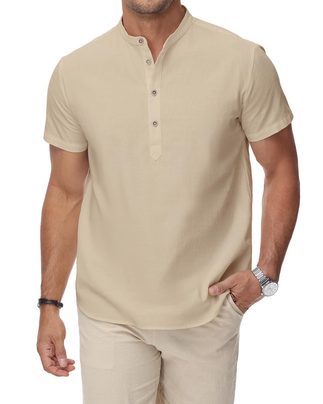 HMIYA Herren Sommerhemd Baumwolle Leinen Kurzarm Hemd Herren Henley-Kragen Lässiges Regular Fit Shirts