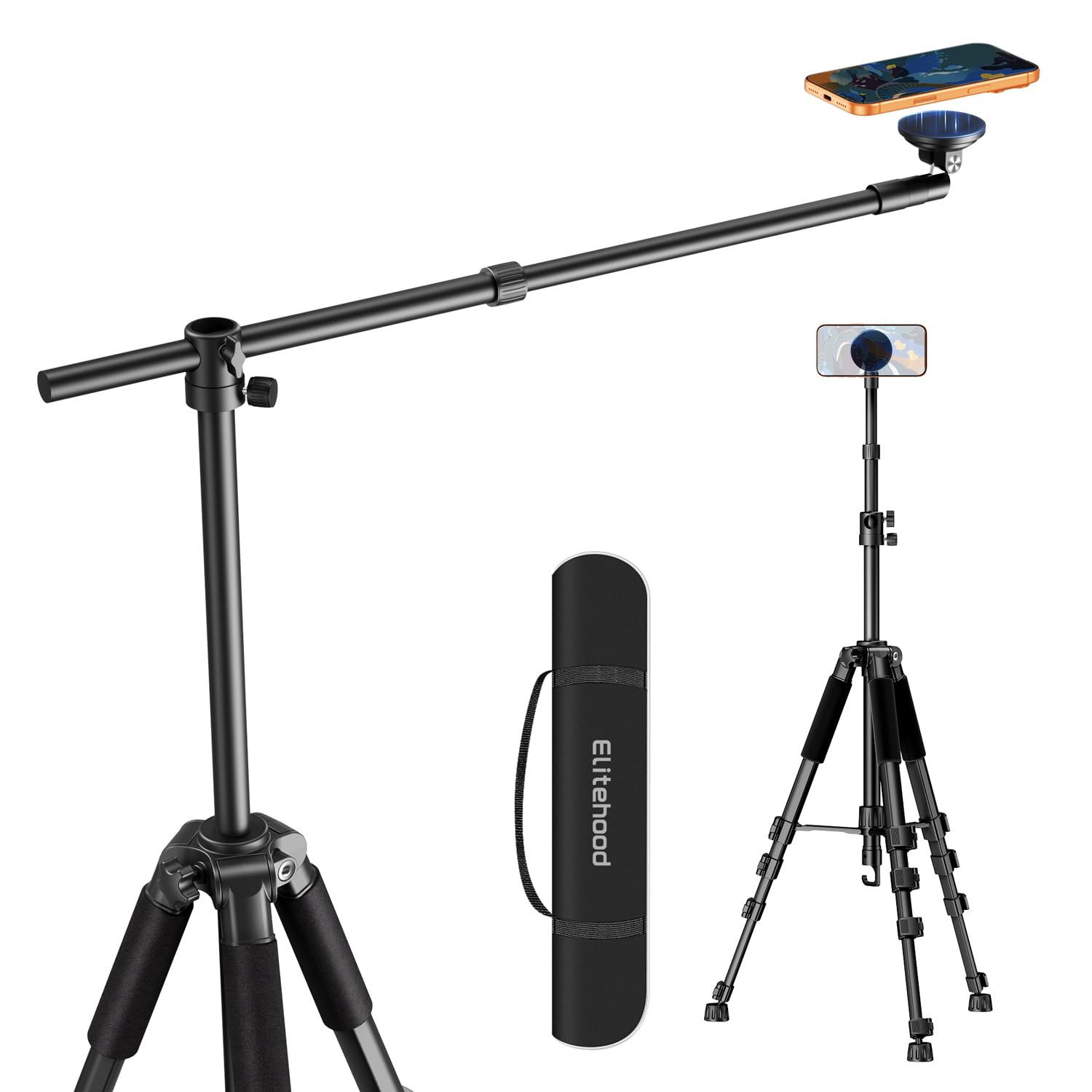 elitehood Trípode magnético para iPhone con brazo extensible de 25 pulgadas de largo, trípode horizontal alto de 59 pulgadas para grabación de video, soporte giratorio de 360° para iPhone para