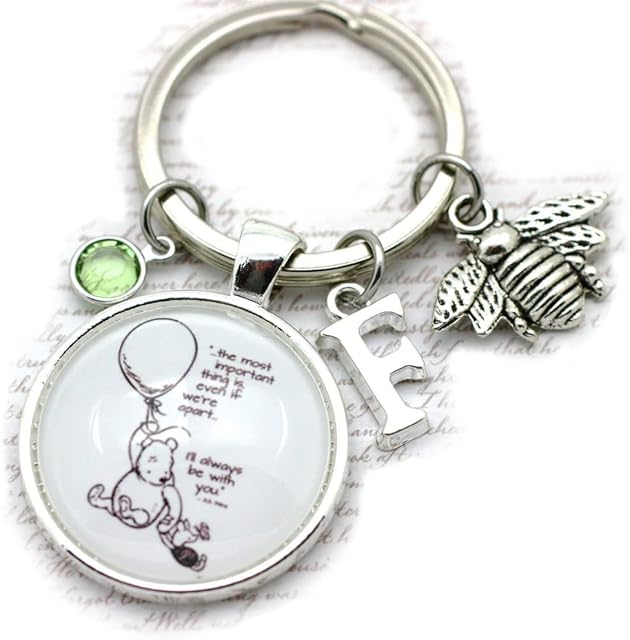 Winnie The Pooh, I'll Always Be With You', Personalised Pooh Bear and Piglet Keyring, Bee Charm, Initial and Birthstone Crystal