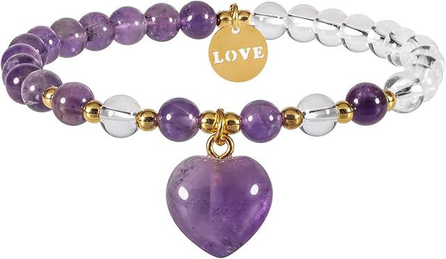 Nupuyai Heart Charm Crystal Beads Bracelet for Women, Healing Stone Stretch Letter Love Charm Bracelet