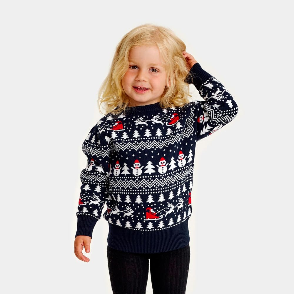 Pull de Noël pour Femme, Homme et Enfant Bleu avec Sapins, Bonhommes de Neige et Père Noël