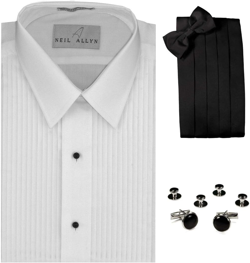 Lay-Down Collar Tuxedo Shirt, Cummerbund, Bow-Tie, Cuff Links and Studs Set