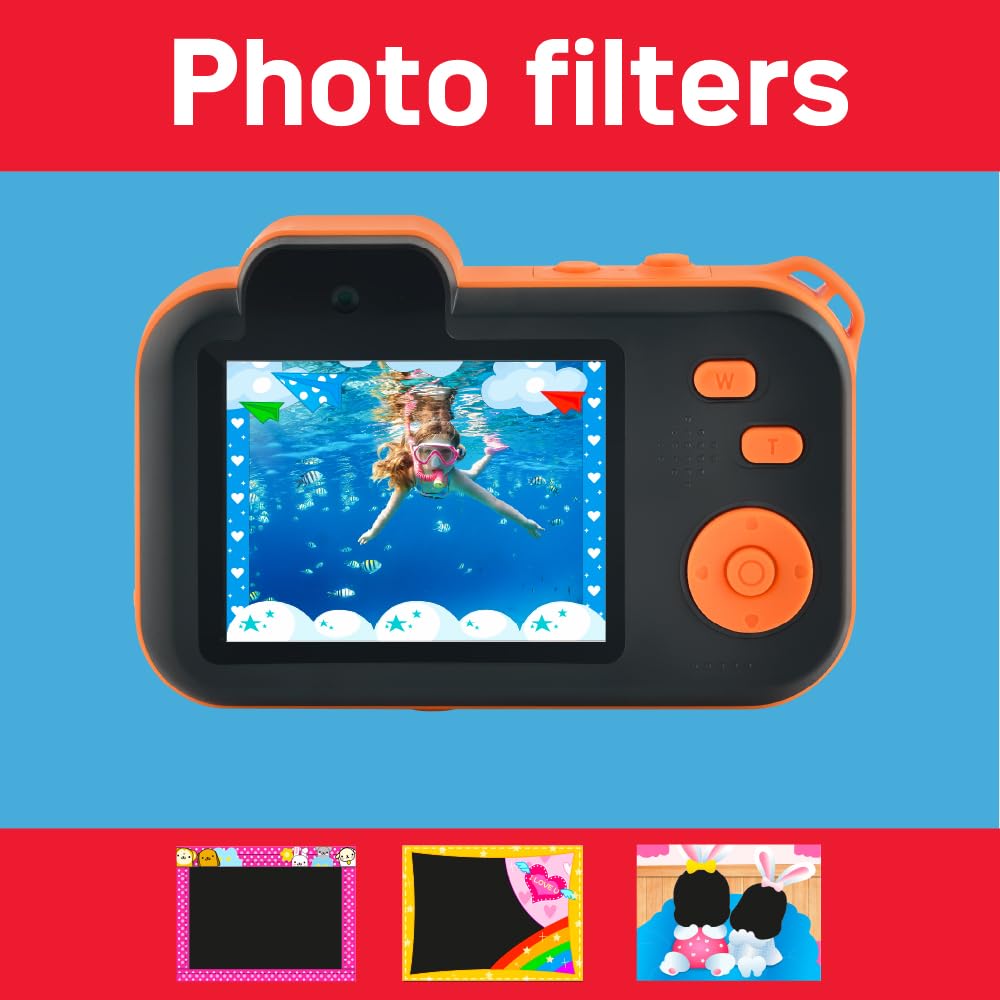 AgfaPhoto Realikids Cam Waterproof 2 - wodoodporny aparat dziecięcy 12 MP, wideo HD, tryb selfie, filtry i ramki, wbudowane gry, czarna bateria litowa