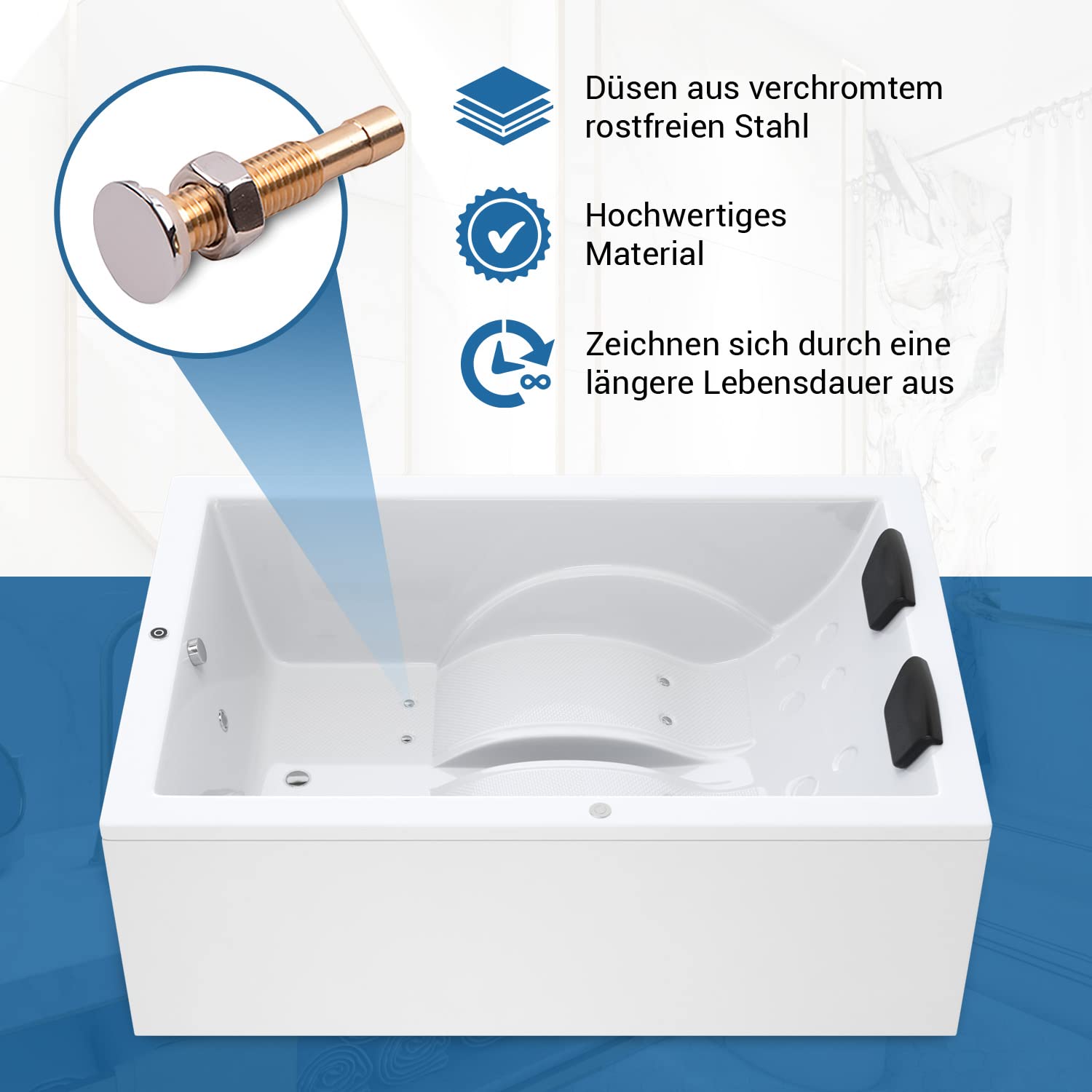 AQUADE Jacuzzi 2 Person Whirlpool Badewanne Air Relax 180x130 mit LED Whirlpool Beleuchtung & Badekissen für Badewanne Whirlpool 2 Personen/Whirlpool Badewannen Set