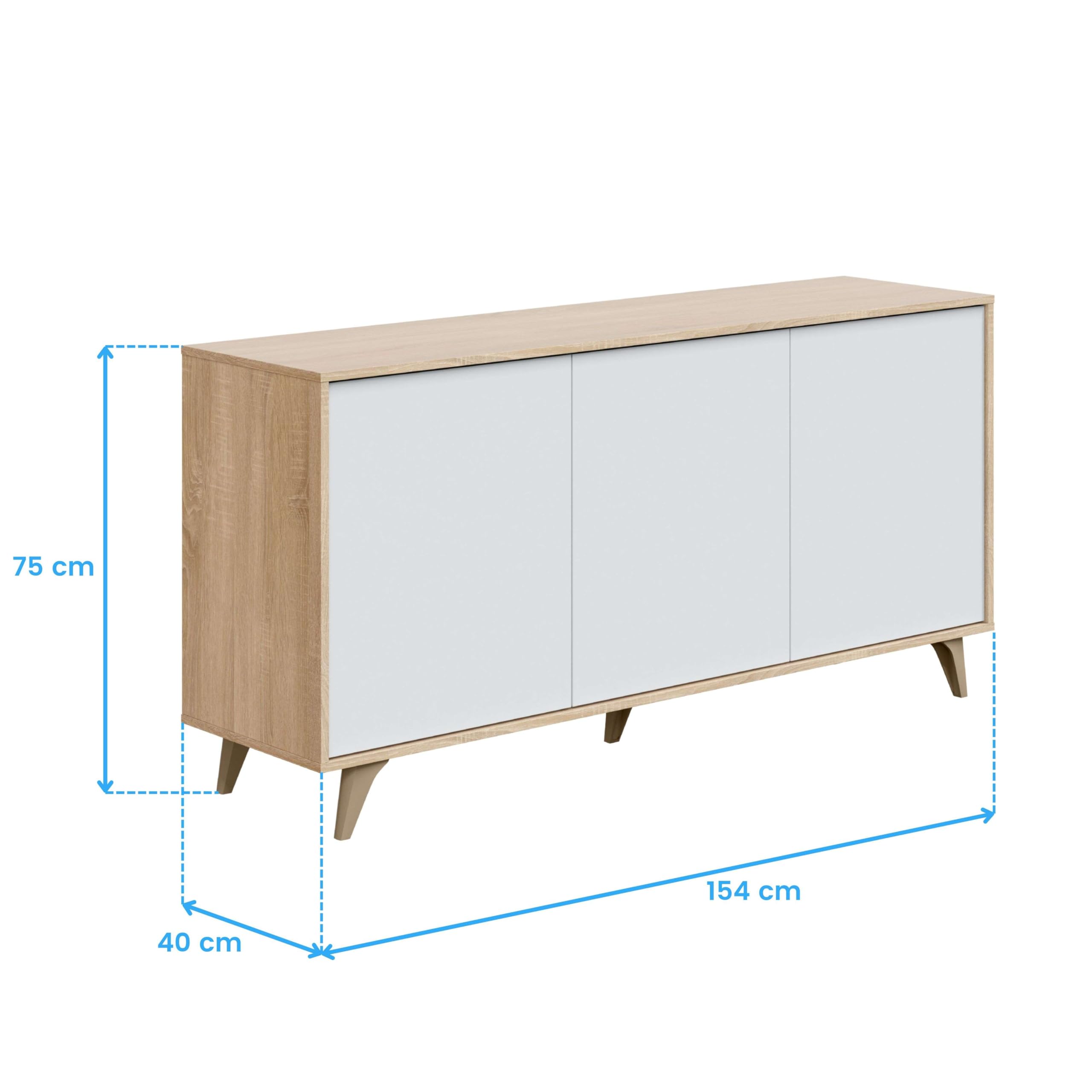 Habitdesign Aparador 3 Puertas, Bueffet para salón, Armario Auxiliar, Modelo Kikua Plus, Acabado en Blanco Artik y Roble Canadian, Medidas: 154 cm (Ancho) x 75 cm (Alto) x 40 cm (Fondo)