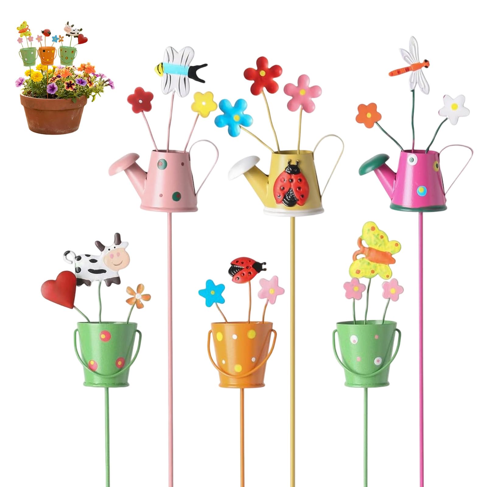 3/4/6 Pcs Decorative Garden Stakes, Metal Watering Can Stakes Ornaments for Yard Flower Pot, Waterproof Decorative Plant Pot Sticks for Outdoor Lawn Patio Pathway Planter Decoration (6 Pcs - A)