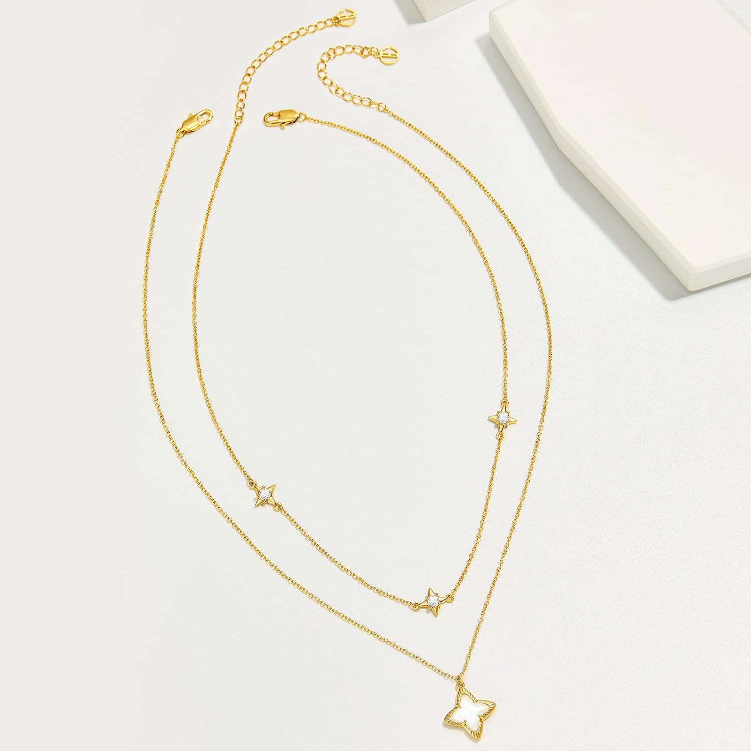 Cicy Bell Womens Four Point Star Necklace Sets Double Layer Chain 18k Gold Plated Cubic Zirconia Mother of Pearl Lucky Pendant Necklace - Image 3