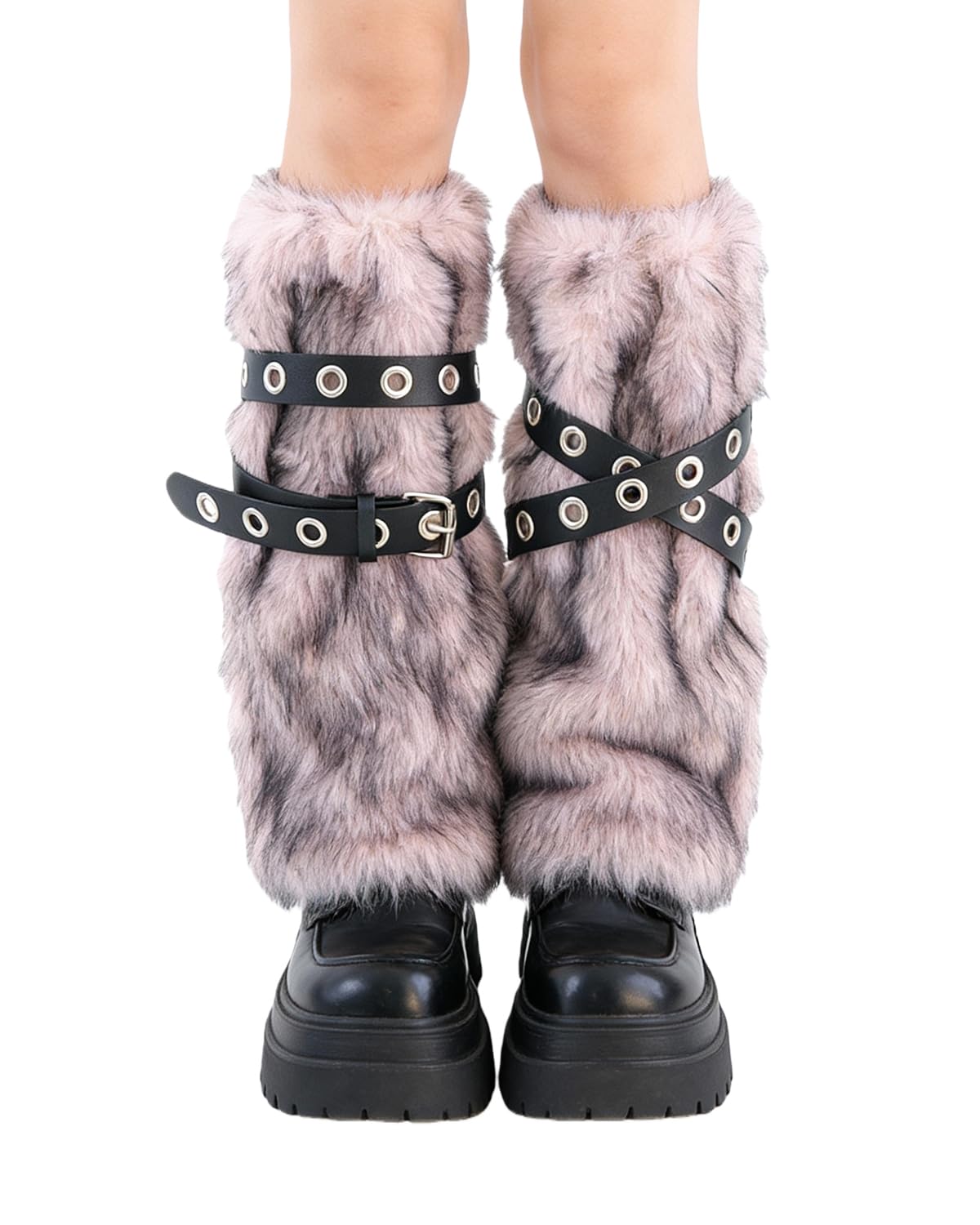 BOLLEY JOSS Womens Girls Y2k Leg Warmers Faux Fur Leg Sleeve with PU Leather Belt Boot Socks Punk