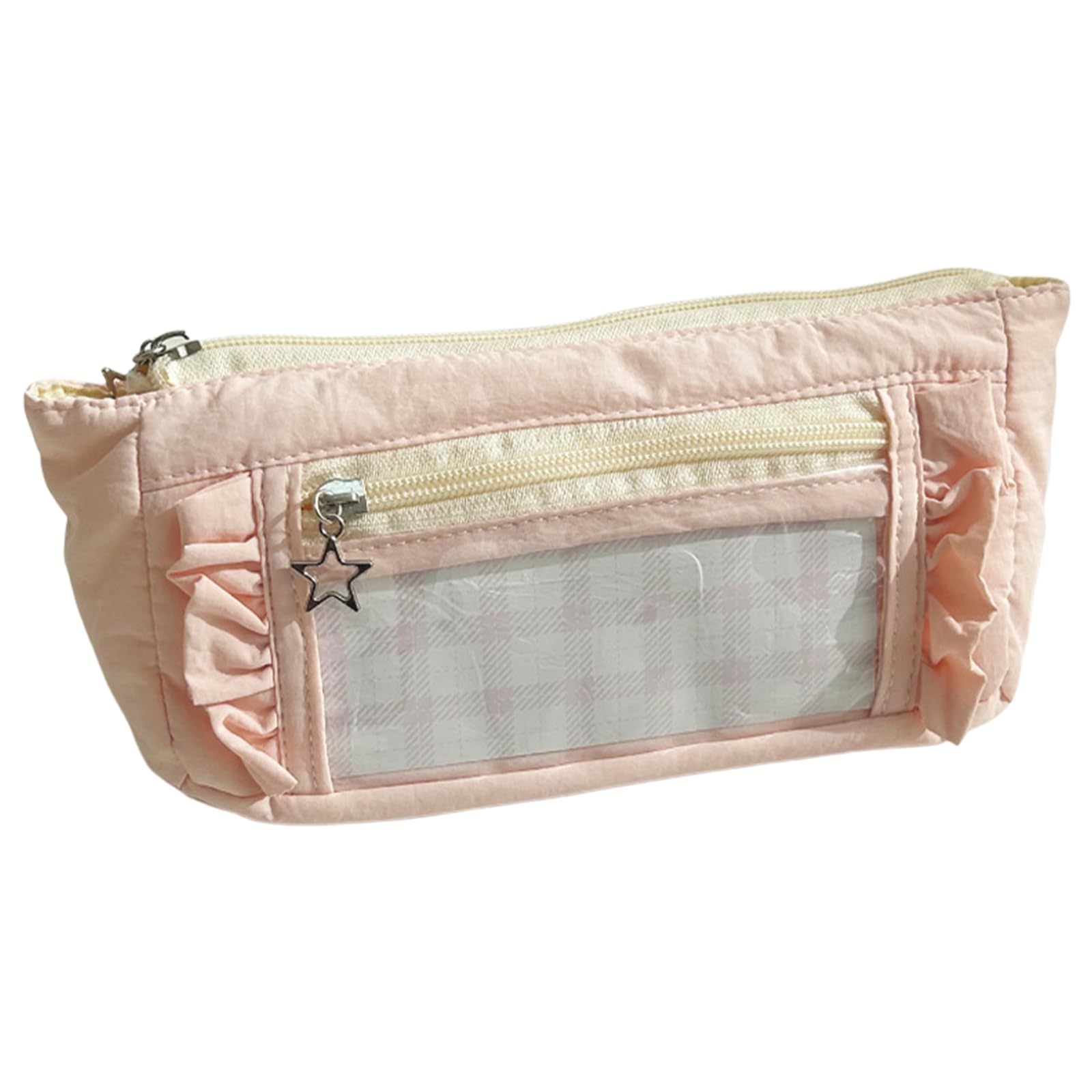 Aesthetic Pencil Case with Clear Window Lace Trim Double Zip (Pink)