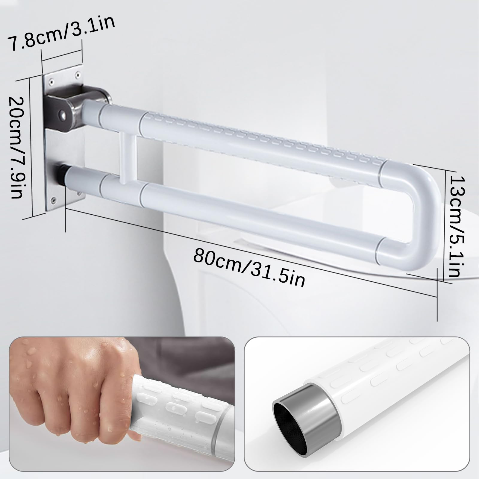 Barras de Apoyo para Baño, 80cm De Acero Inoxidable de Pie Inodoros Manija Antideslizante Barra Abatible Para Inodoro, Minusválidos WC, Barra Baño Minusválido (Blanco)