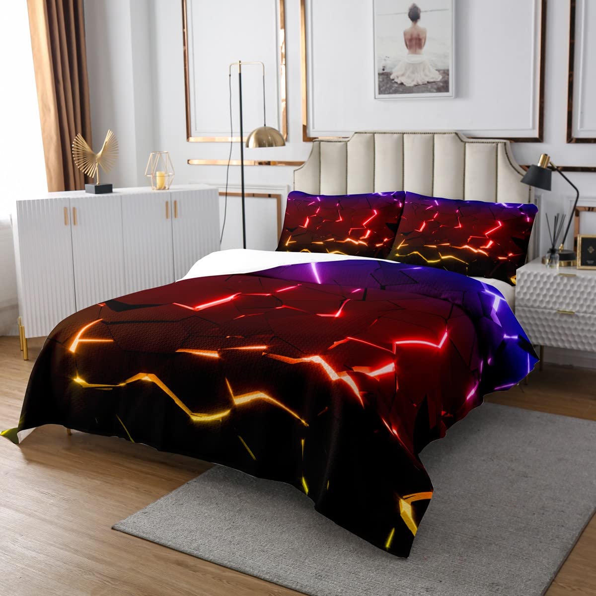 Honingraat Dekbed Set King Size Kids Zeshoekige Neon Ombre Zwart Geel Dekbed voor Jongens Tieners Geometrische Beddengoed Set Ademend Bijenkorf Dekbedovertrek Set Kamer Decor Quilt Set