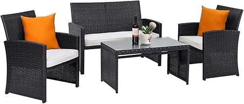 Tangkula Juego de muebles de conversación de mimbre para patio, juego de sofá y mesa Patiojoy con 4 asientos, juego de sofá de ratán al aire libre