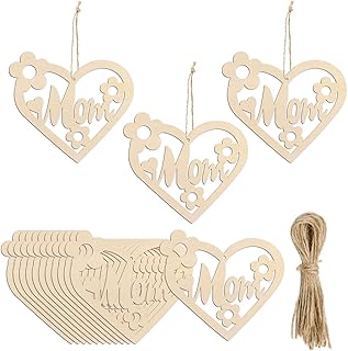 20pcs MOM Wood DIY Crafts Cutouts Wooden MOM Heart Shaped Hanging Ornaments with Hole Hemp Ropes Wood Tags for Mother's Birthday, Happy Mother's Day Party Decorations