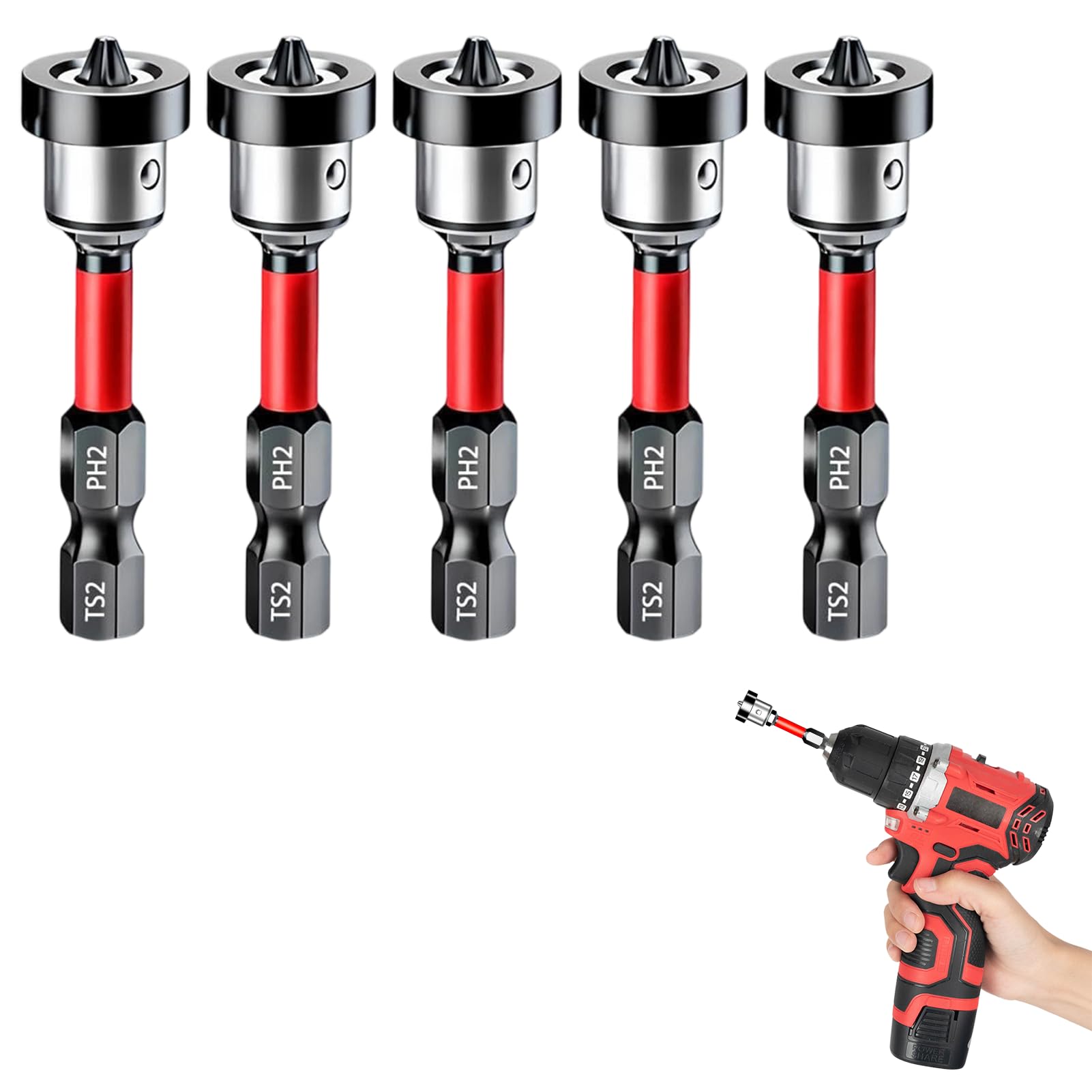 5-Piece Magnetic Drywall Screw Setter Bits, Plasterboard Tools with Adjustable Depth Control, PH2 Bits for Drywall Installation and Construction Projects