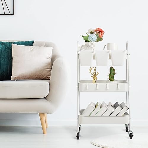 Miniatura 9 de danpinera Carrito rodante de 3 niveles, carrito de almacenamiento de metal con ruedas bloqueables y tazas y ganchos colgantes, carrito móvil para