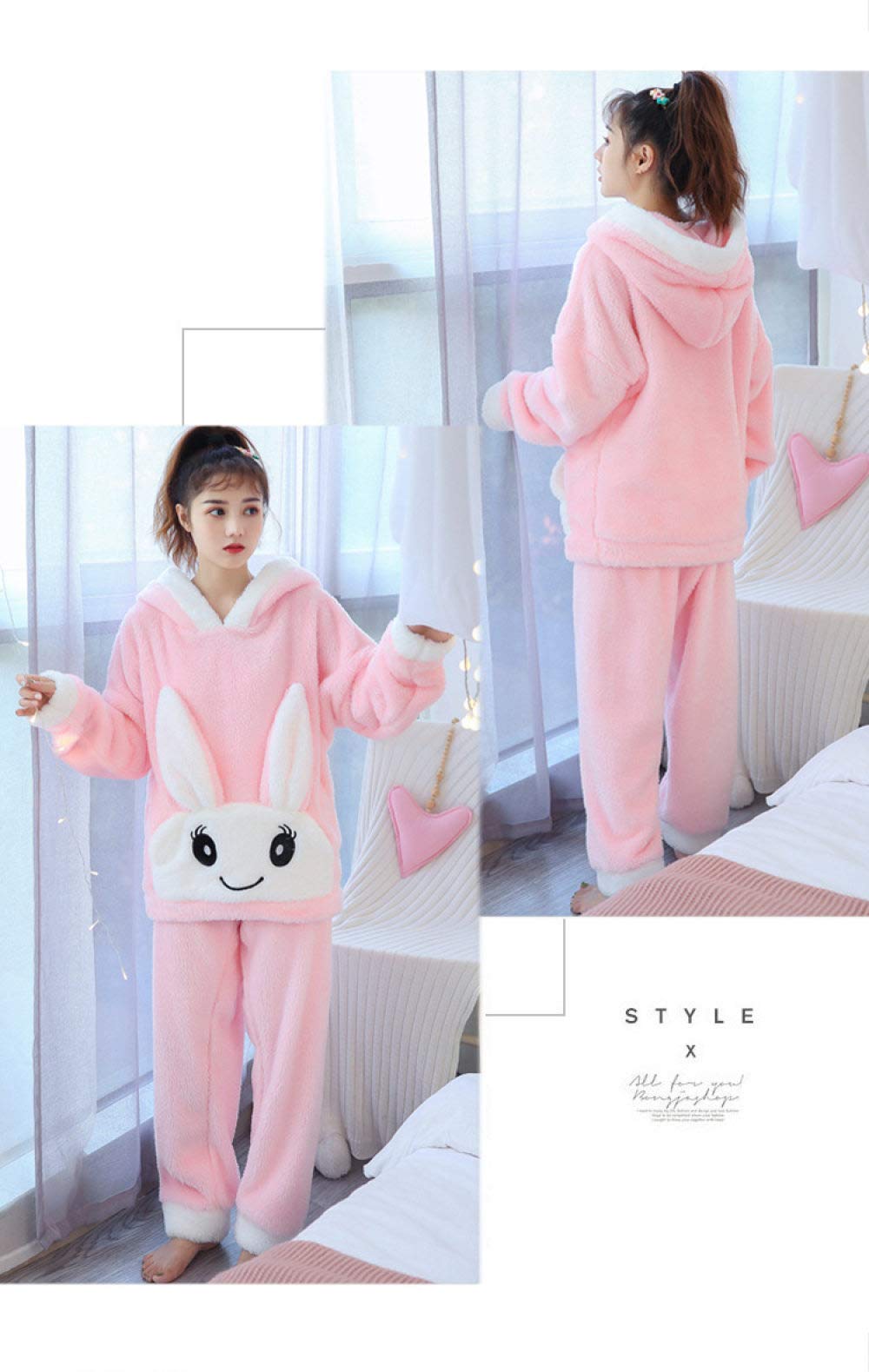 HAIBI Damen Pyjama Winter，Mädchen Schlafanzug 2 STK Mädchen Pyjamas Sets Nachtwäsche Cartoon Rosa Kaninchen Lange Ärmel Warm Pyjamas Weibliche Homewear