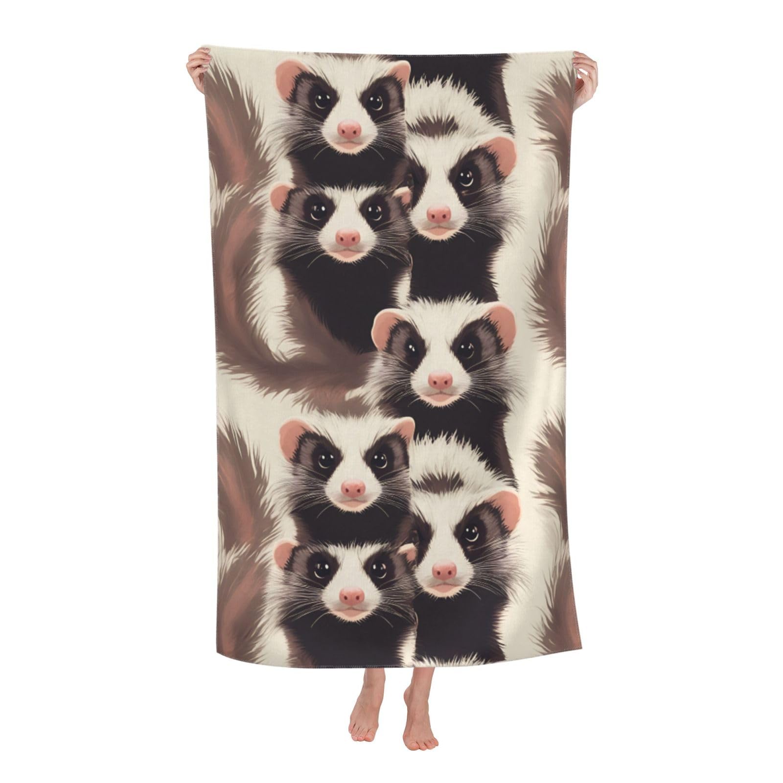 Pojknbv White Hairy Ferret Print Oversized Adult Beach Towel Quick-Dry Comfortable Lightweight Travel Pool Camping