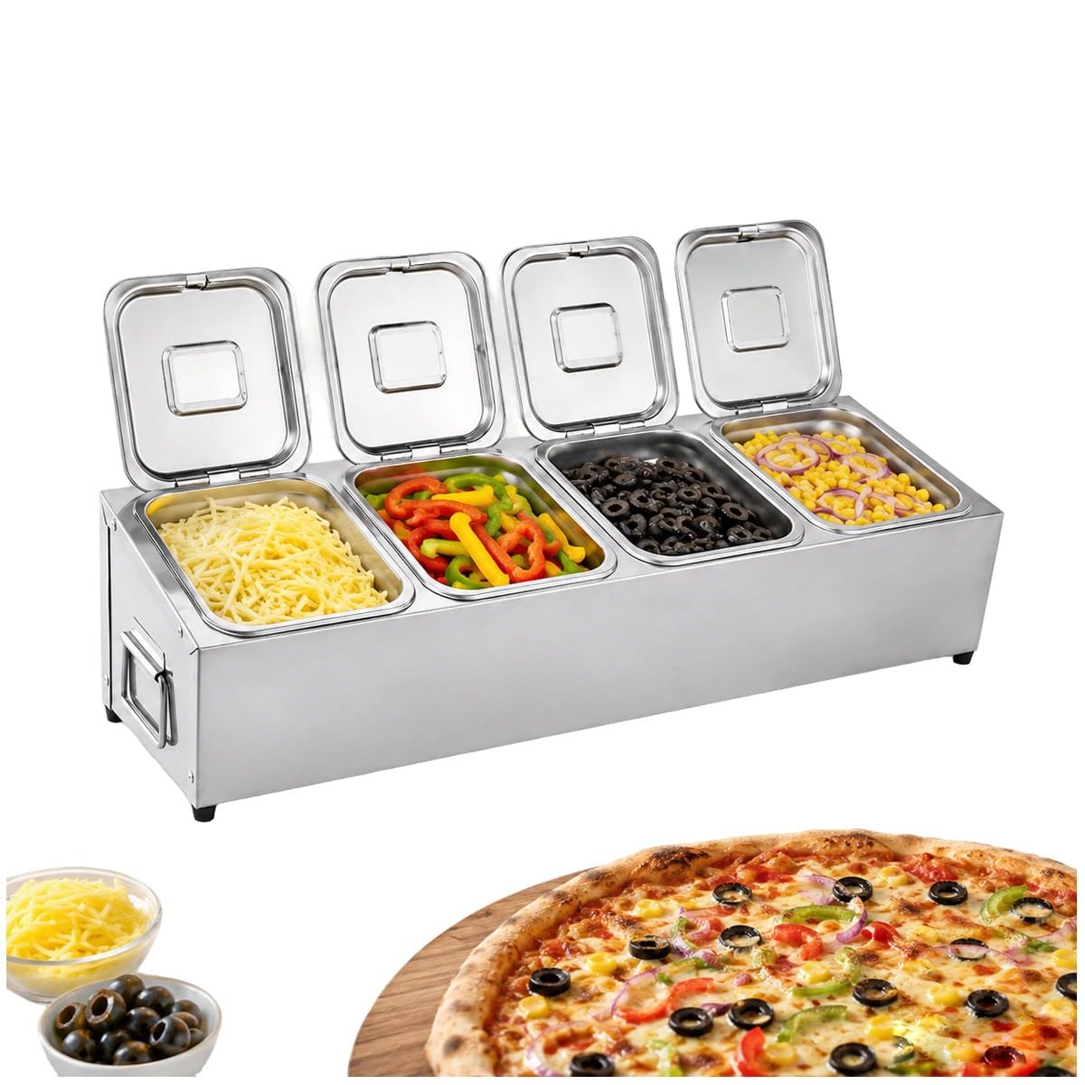 Bananaww Pizza Topping Station with Lids, Stainless Steel Compartment Removable Ingredient Containers, Pizza Topping Containers for Pizza Prep, Garnish, Sauce, Salad Bar