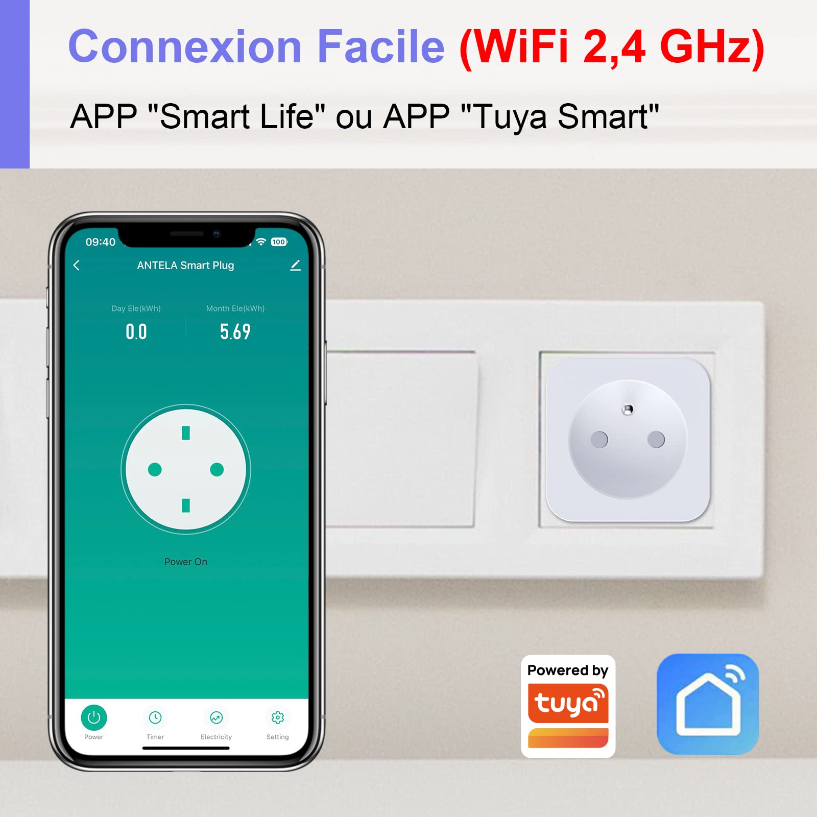 Prise Connectée Alexa WiFi (FR) 16A Suivi de Consommation Électrique Type E ANTELA Prise Intelligente compatible avec Google Home, Smart Life APP, Minuterie, 4PCs