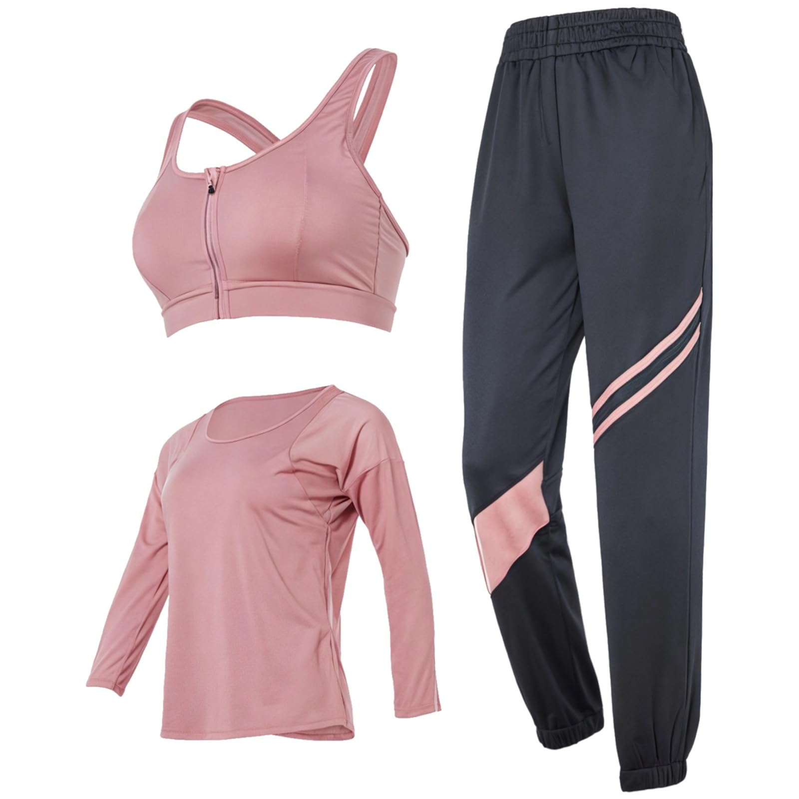 Conjunto de ropa deportiva de 3 piezas para mujer XXL, incluye manga larga, camiseta sin mangas y pantalones, tela elástica transpirable, se adapta a cuerpos de 45-75 kg, 155-180 cm, rosa, Talla única