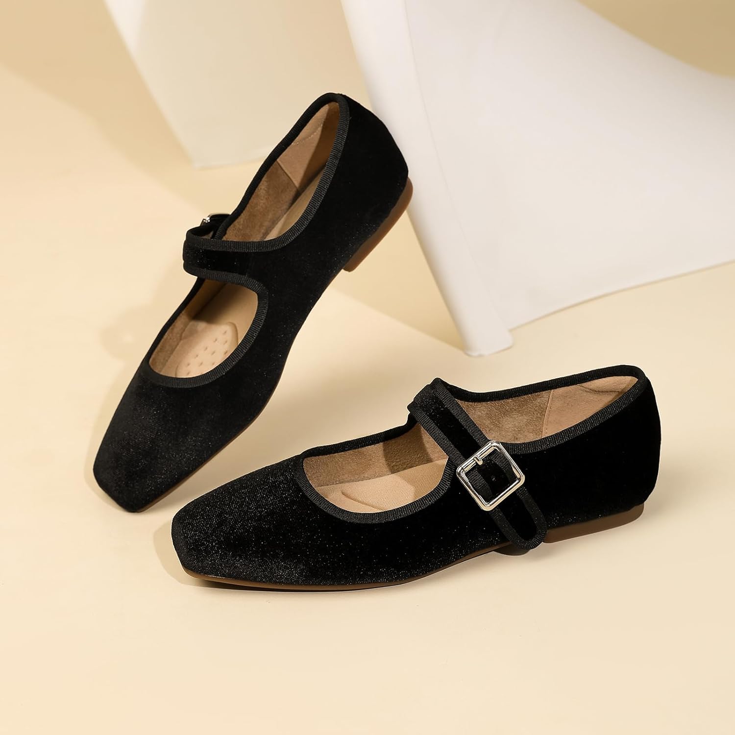 Women's Square Toe Ballet Flats - Mary Jane Shoes with Adjustable Strap, Slip On Comfortable Work Flats,Satin Soft Leather Dressy Shoes - Image 3