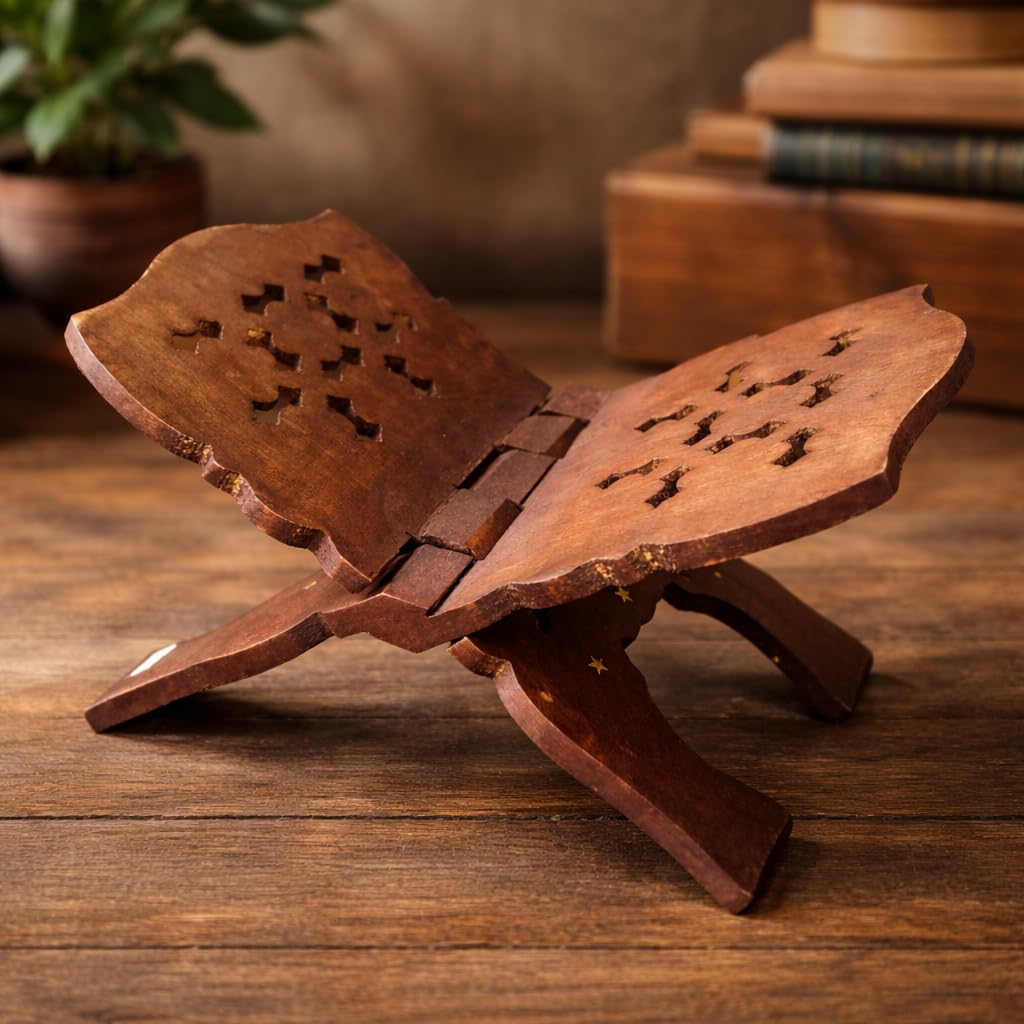 Handemade Wooden Book Stand Foldable Book Holder Rehal for Bhagavad Gita Quran Ramayan Bible Reading Stand Pooja Book Stand-picture-26