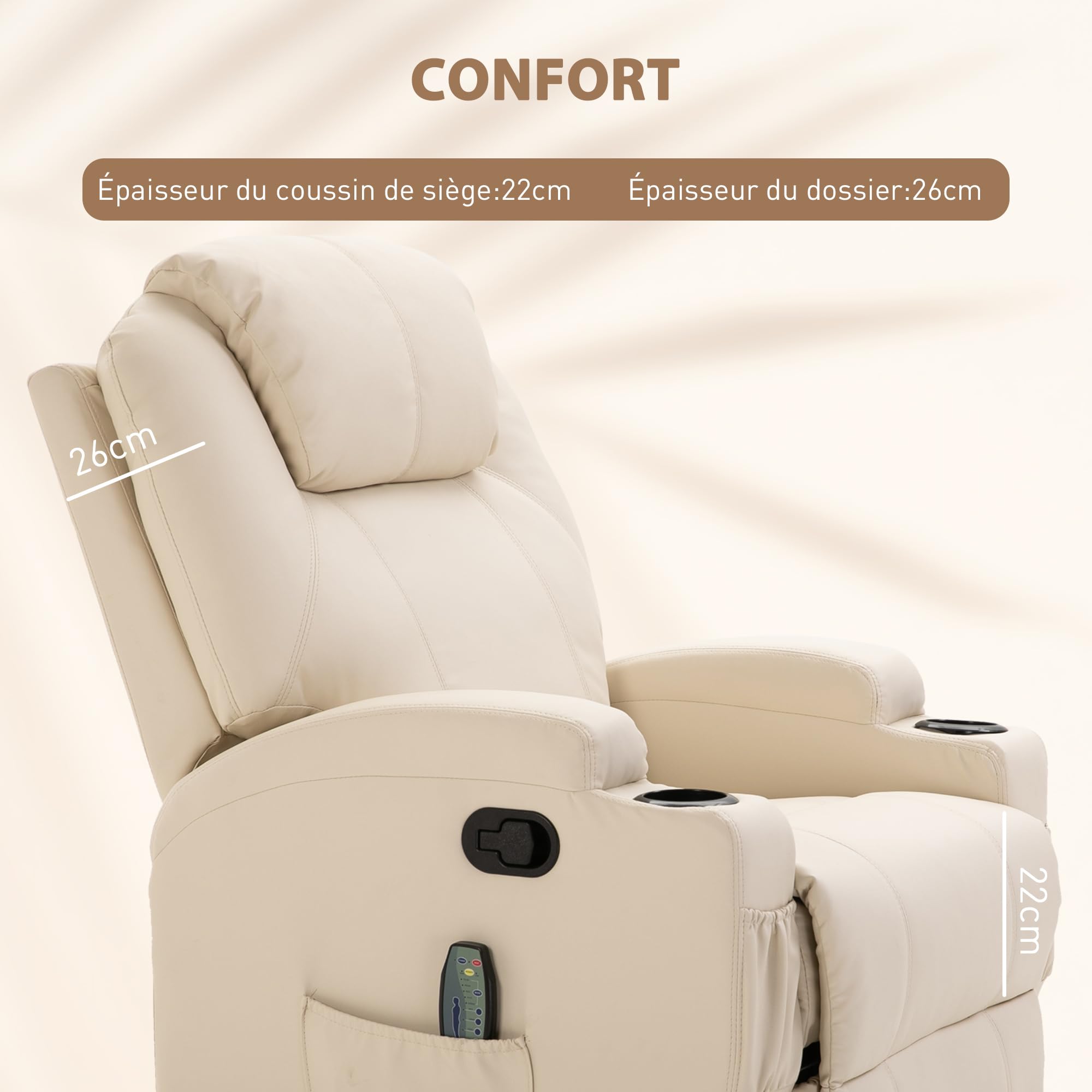 HOMCOM Fauteuil de Massage inclinable, Bascule et pivotant à 360°, Fauteuil de Relaxation, Dossier et Repose-Pieds réglable manuellement, télécommande, Porte-gobelets et Poches latérales, crème
