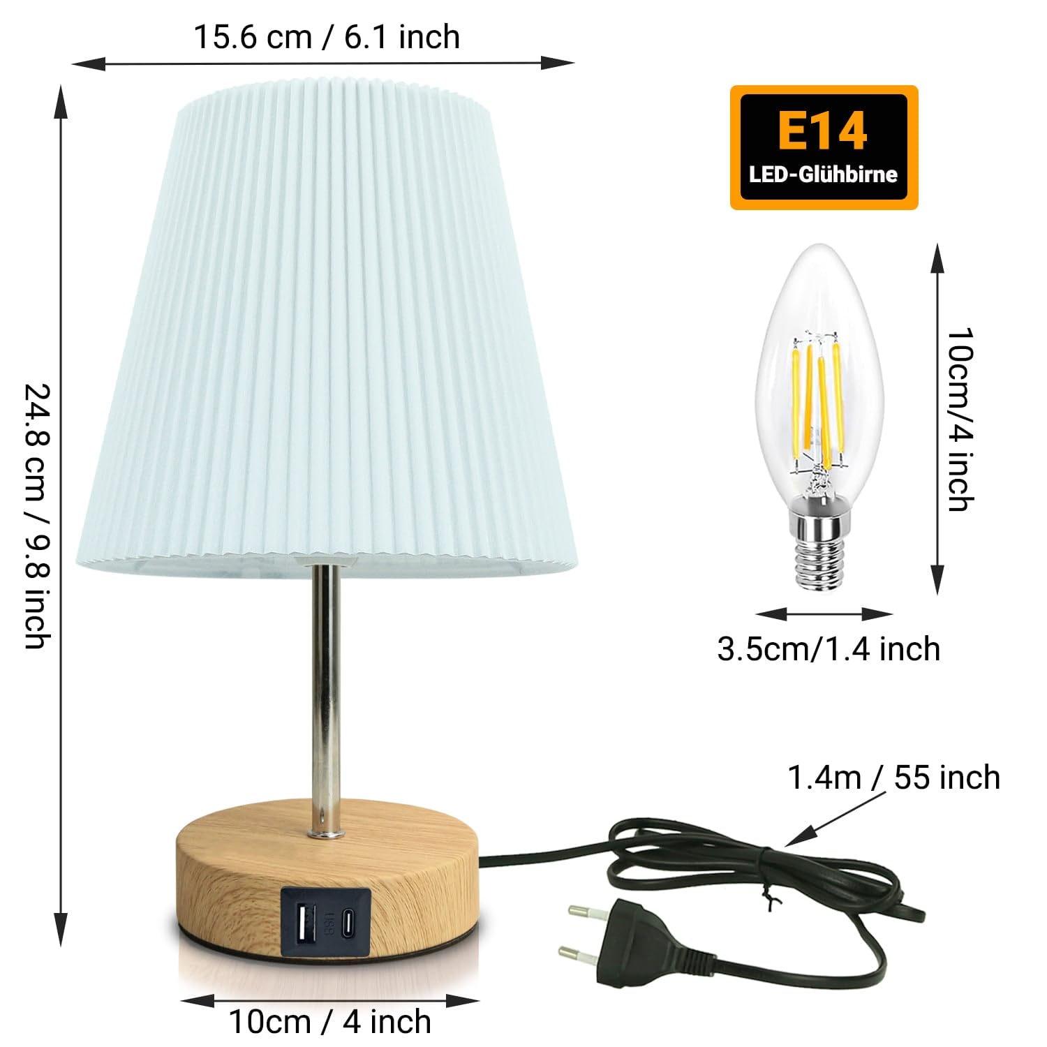 HSLighting Nachttischlampe Touch Dimmbar: Tischlampe mit Ladefunktion USB A+C Anschlüssen Steckdosen LED Birnen Lampenschirm aus Stoff Kleine Schreibtischlampe für Schlafzimmer Wohnzimmer 2 Stuck