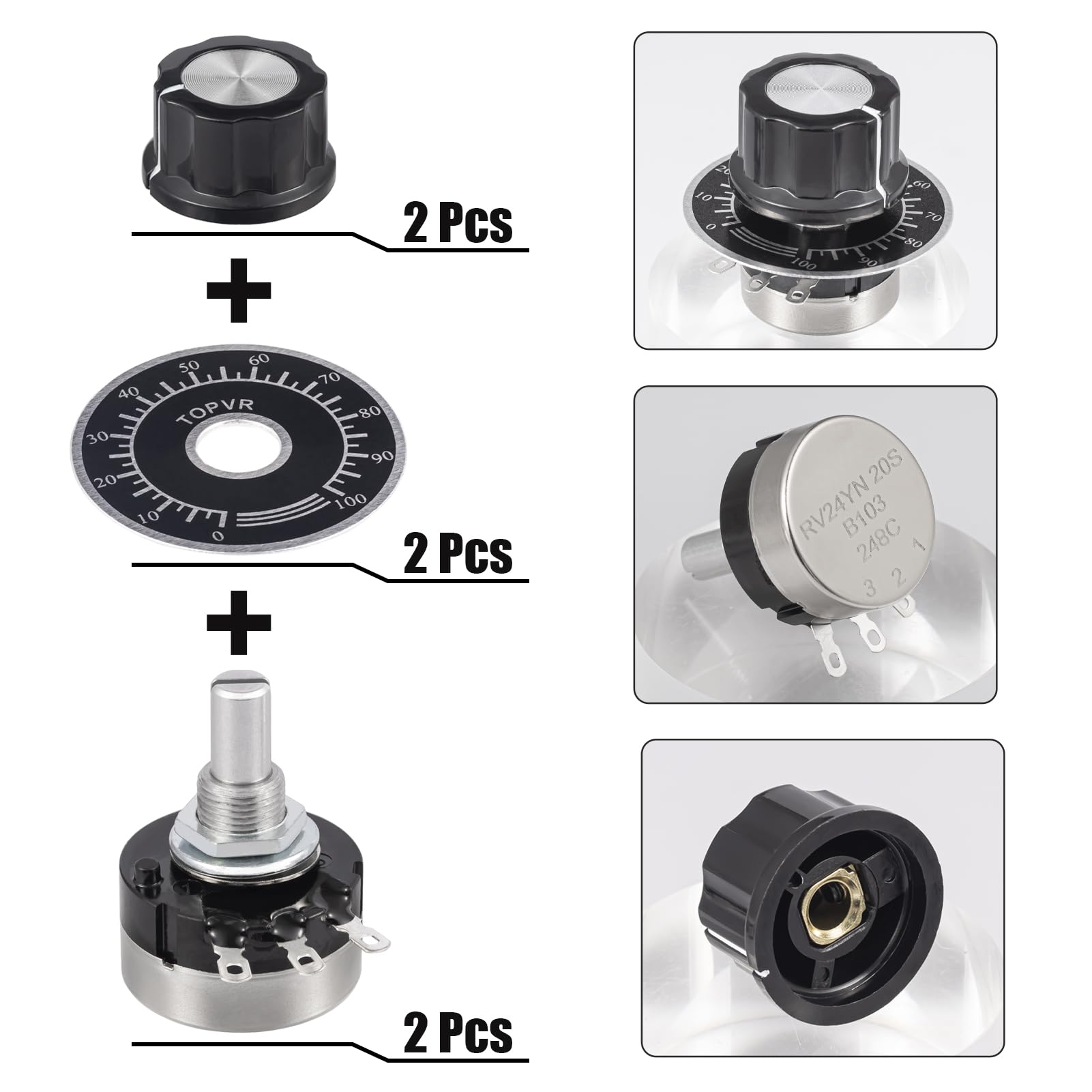 RV24YN20S 10K Ohm Potenciómetro Rotativo Cónico B103 Potenciometro de Película de Carbono de Giro Único 10K Ohmios Potenciometros Rotatorio Single Turn con Perilla A03 y Dial