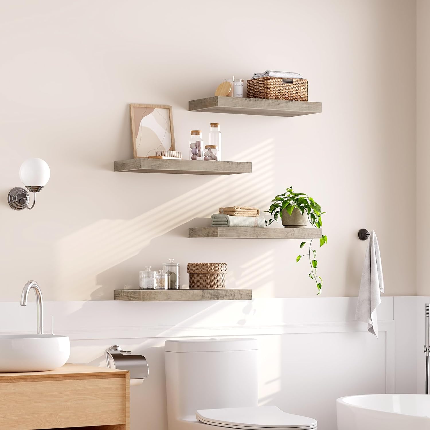 ralgend floating shelves for wall, 1.5" thick wall shelf set of 4 with invisible brackets, 15.7l x 7.9w hanging shelves farmhouse home decor for bathroom, living room, bedroom, greige 4301bjp4bg 15.7 inches greige