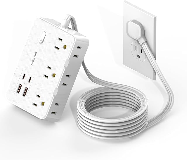 Protecteur de la bande de puissance, 5 Cordage Ft Ultra Extension mince à plat Cord-6 AC Sorties 4 USB Ports (2 USB C), Bande de transport, Bureau de recharge pour le bureau à domicile, Blanc