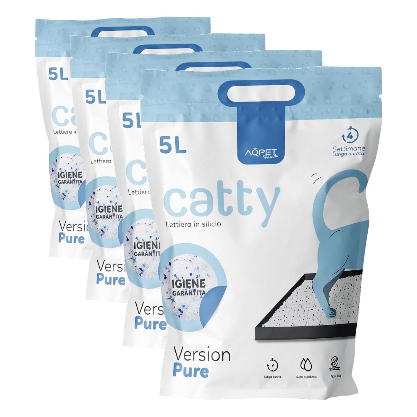 AQPET Catty Lettiera al silicio Cristalli per Gatto 5 Lt a Gel di silice Profumo Neutro Super Assorbente (Confezione da 4)