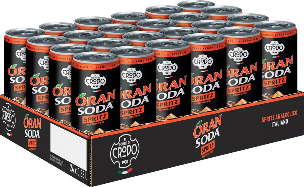 ORAN SODA SPRITZ (24x330ml) - Italienische Limonade von FONTI DI CRODO mit natürlichem Quellwasser & Bitterorange. In Einwegdose ohne künstliche Zusätze, alkoholfrei - Ideal für Aperitif & Cocktails
