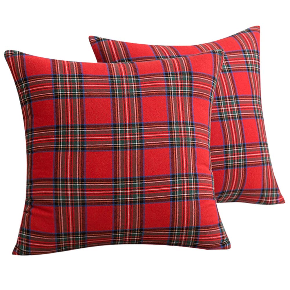 GGEROU Christmas Pillow Cover Set of 2，Christmas Scottish Red Tartan Plaid Throw Pillow Covers，18 x 18 Inches Christmas Farmhouse Retro Classic Square Cushion Cases Christmas Holiday (Red Plaid)