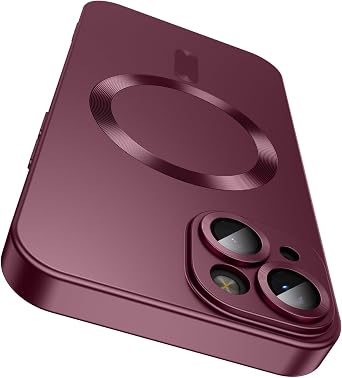 LEKEVO Magnetic for iPhone 15 Case [Compatible with MagSafe][Built-in Camera Lens Protector] Slim Soft Silicone Bumper Shockproof Metallic Shine Phone Case Burgundy