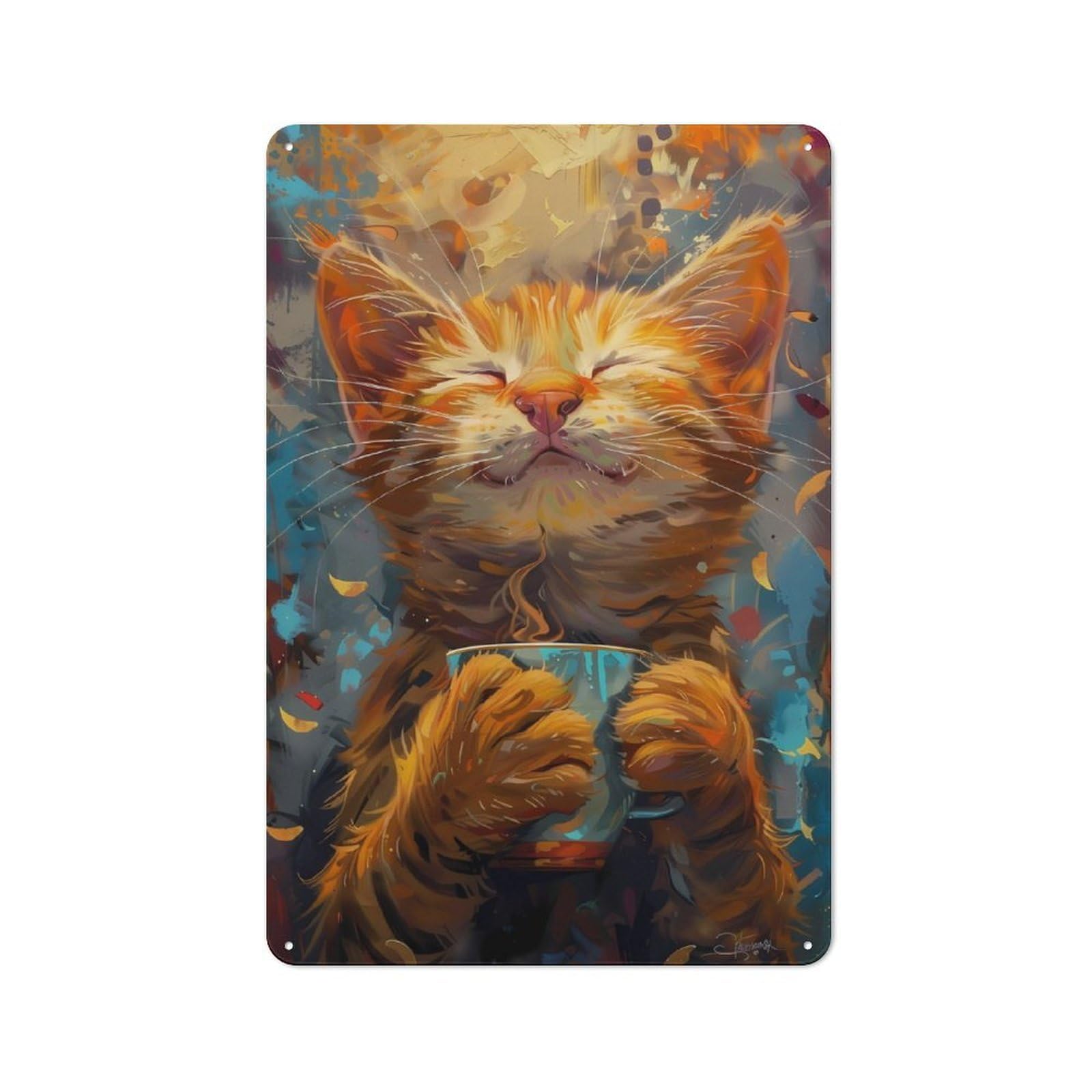 Junmoney Smiling Cat Coffee Vintage Metal Wall Sign 30X20cm For Garage Or Workshop, For Metal Sign Collectors, For Garage And Workshop Walls