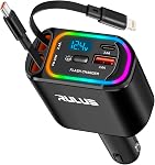 RULUS Upgrade 4 in 1 Retractable Charger for Car, PD 65W Fast Car Phone Charger with 2 Charging Cables and 2 USB Ports, 12-24V Voltage Display for iPhone 16/15/14/13/12 Pro Max XR/iPad