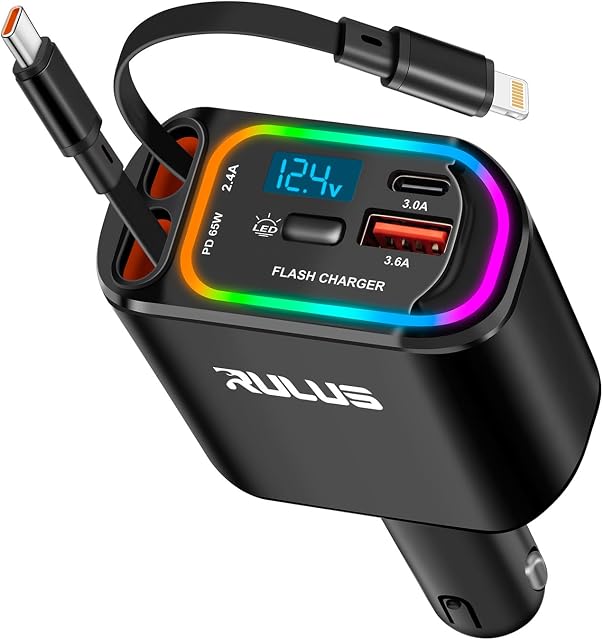 RULUS Upgrade 4 in 1 Retractable Charger for Car, PD 65W Fast Car Phone Charger with 2 Charging Cables and 2 USB Ports, 12-24V Voltage Display for iPhone 16/15/14/13/12 Pro Max XR/iPad