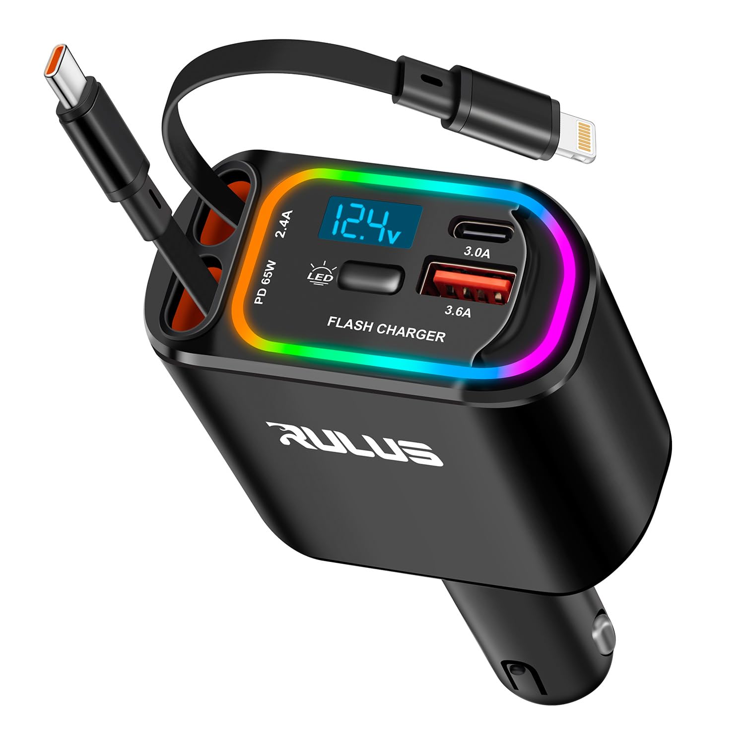 RULUS Upgrade 4 in 1 Retractable Charger for Car, PD 65W Fast Car Phone Charger with 2 Charging Cables and 2 USB Ports, 12-24V Voltage Display for iPhone 16/15/14/Samsung Galaxy/iPad/AirPods