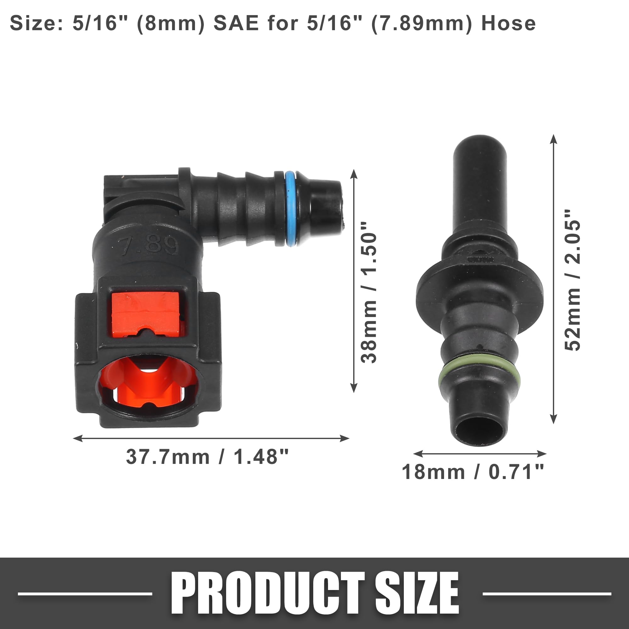 A ABSOPRO Zestaw szybkozłączek do przewodu paliwowego do samochodu, 90 stopni 5/16", 7,89 mm, SAE na 5/16", 8 mm, z tworzywa sztucznego, czerwony (zestaw 2)