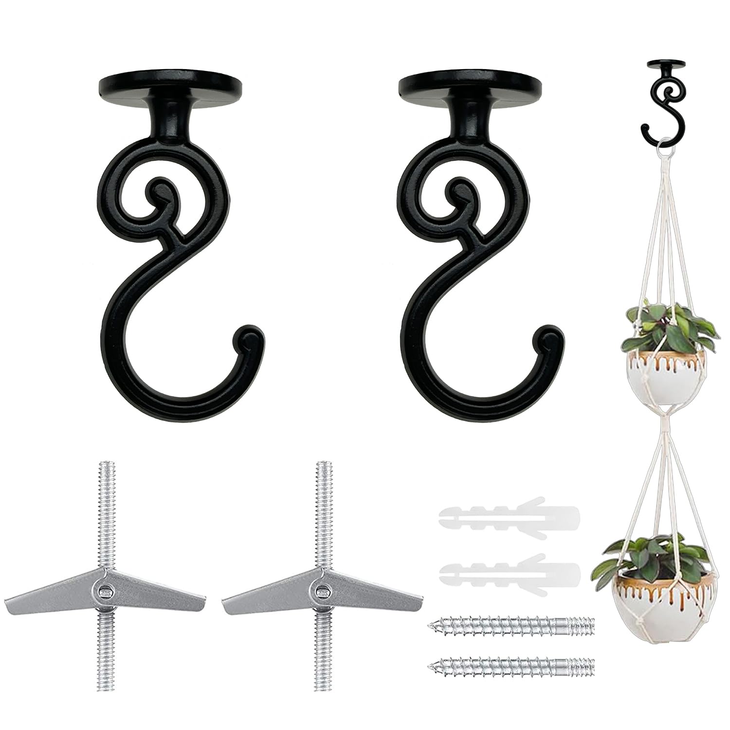 Evsteluo Ceiling Hooks for Hanging Plants, Screw-in Hook (2, Black)