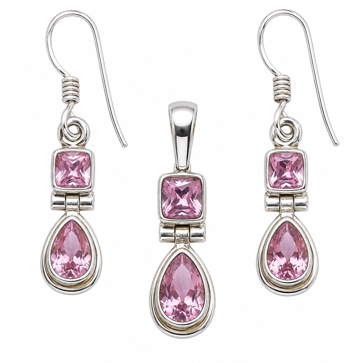Juego de joyas de cuarzo rosa en alta joyería de plata de ley 925 pulida 8