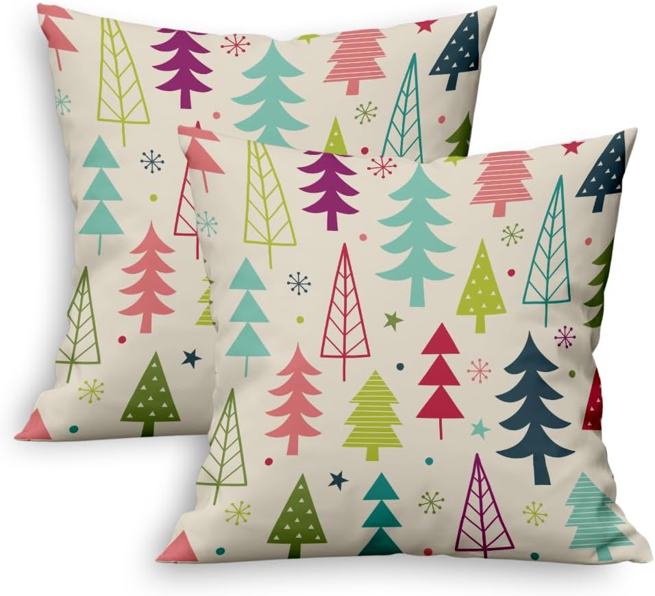 Decorative Throw Pillow Cover Square 18x18 Set of 2, Colorful Christmas Tree Cute Winter Holiday Abstract Art Holidays Farmhouse December Home Decor Zippered Pillowcase for Couch Sofa Living Room