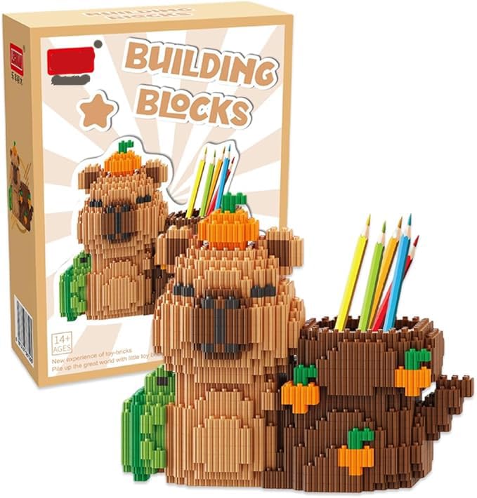 Capybara Building Blocks Pen Holder, Desk Organiser With Cute Persimmon Capybara Shape