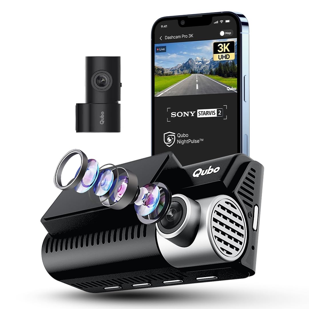 Qubo Car Dashcam Pro 3K [2026 Edition] Sony STARVIS 2 IMX675 Sensor| Dual Channel | Hero Group | NightPulse Vision | 5MP UHD Front (140°), 2MP FHD Rear | 3.2" LCD| Built-in GPS, Wi-Fi, Mic|1TB Storage-image-3