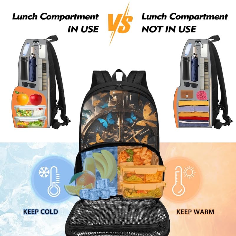 Metal Clock Butterfly Insulated Lunch Backpack for Women Retro Modern Clock Insulated Cooler Backpack Lunch Box Yellow Blue Butterflies Prep Backpack for Picnic College Travel3