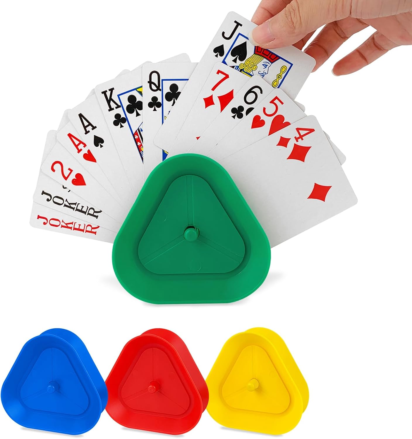 ZUFECY 4-Pack Triangular Card Holders, Small Lightweight ABS Holders for Kids and Seniors, 4 Colors with Push-Button Design for Poker Parties, School and Family Card Games